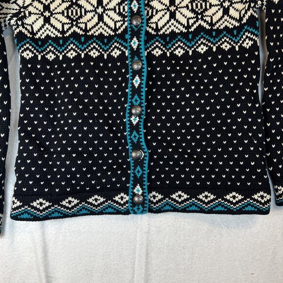 L.L. Bean Nordic Sweater Black Teal Cardigan Button Up Medium Cotton VTG Cabin - Picture 3 of 10